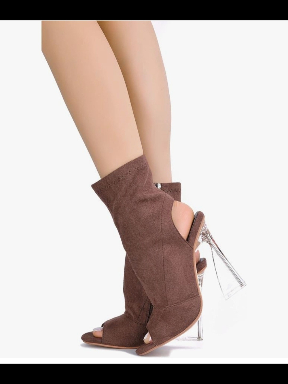 Cape Robbin Brown Suede Peep Toe Clear Heel Ankle Booties